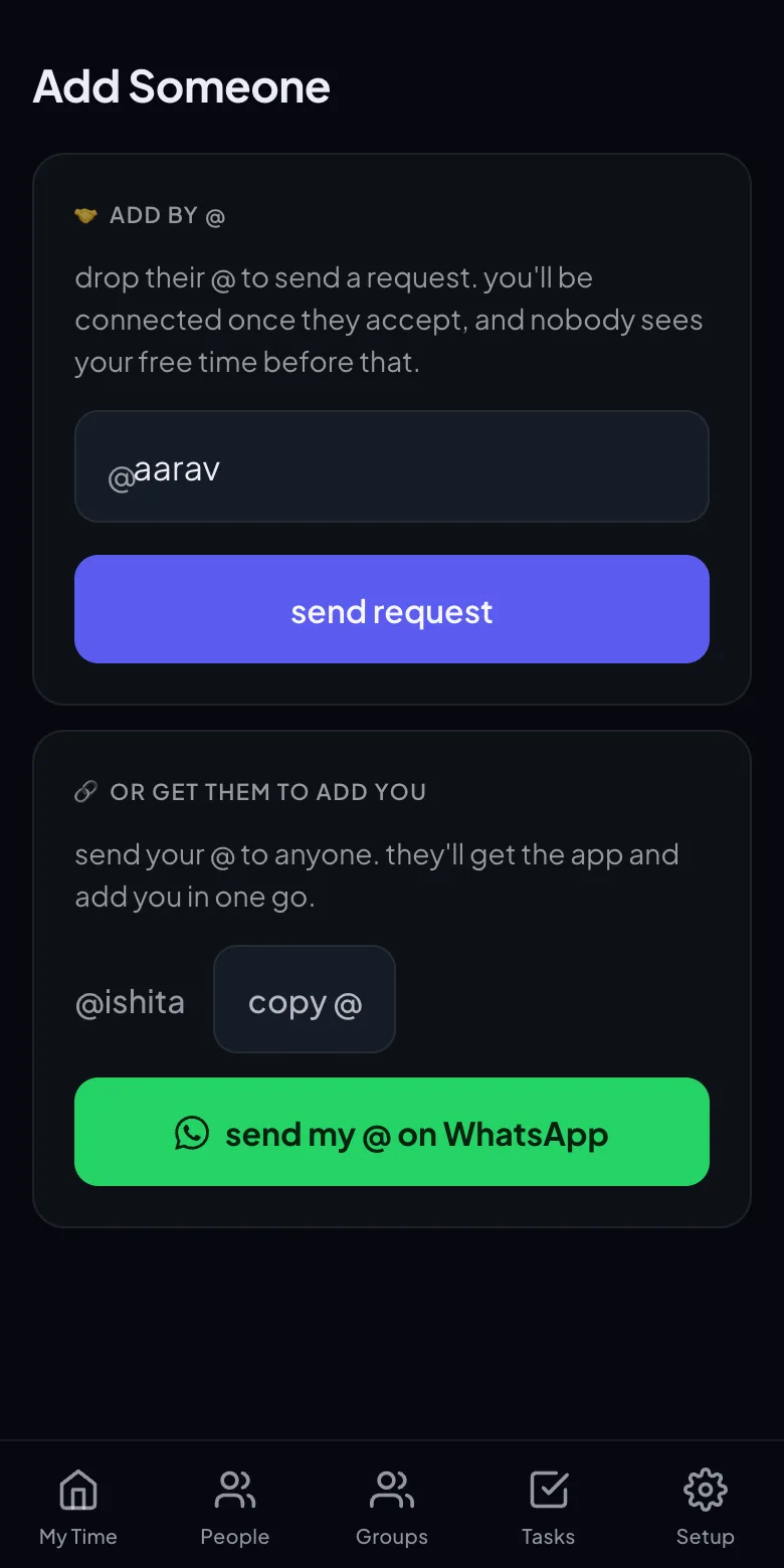 Adding a friend in Scadool by their @username.