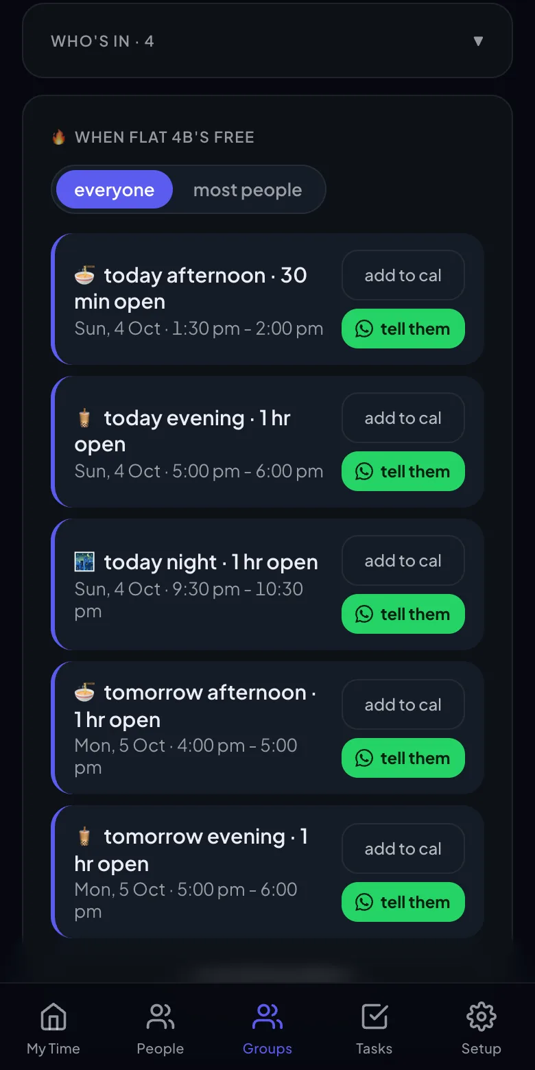 An example squad in Scadool, showing the times everyone is free this week.