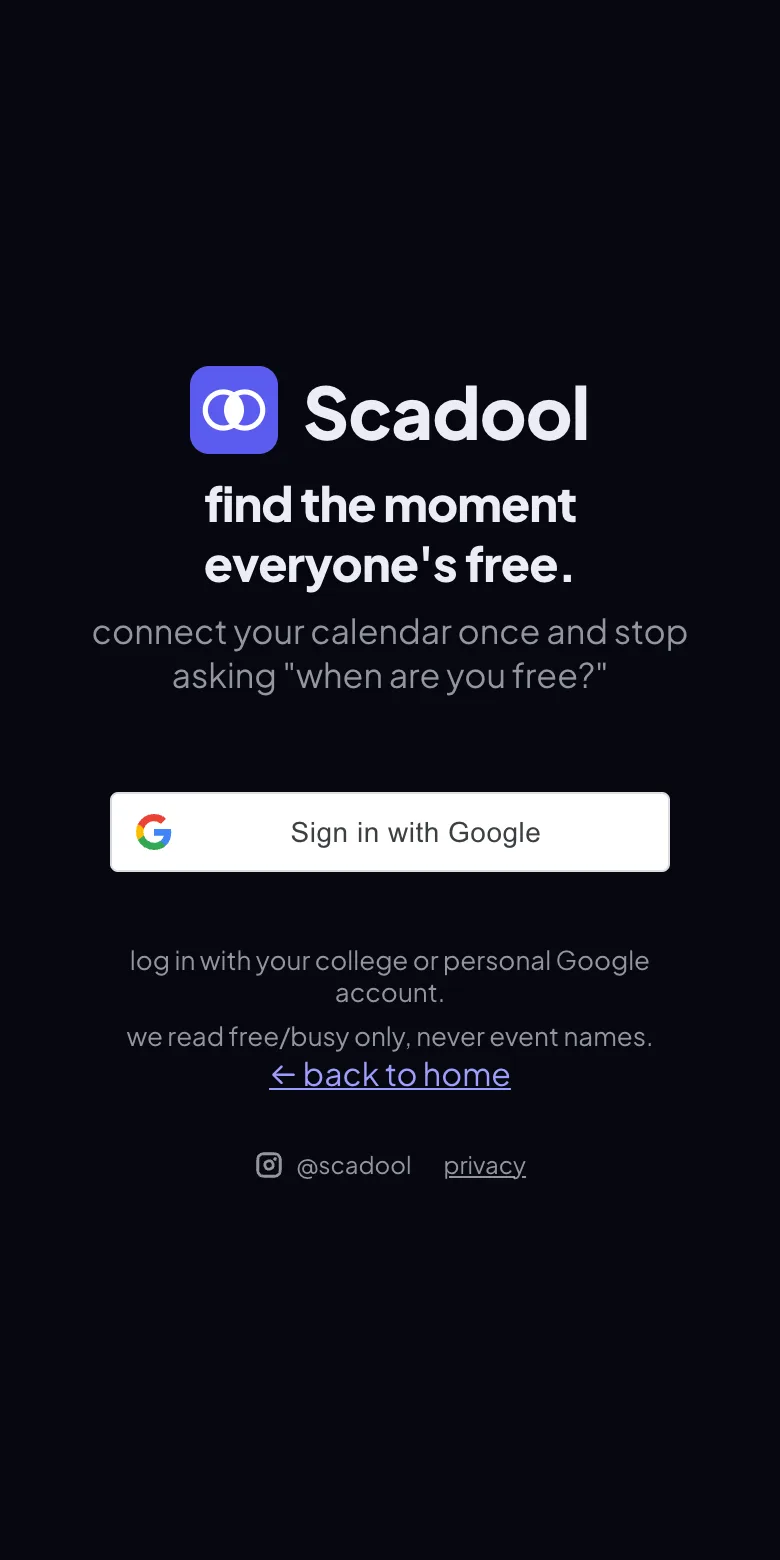 The Scadool sign-in screen with a single Google button.